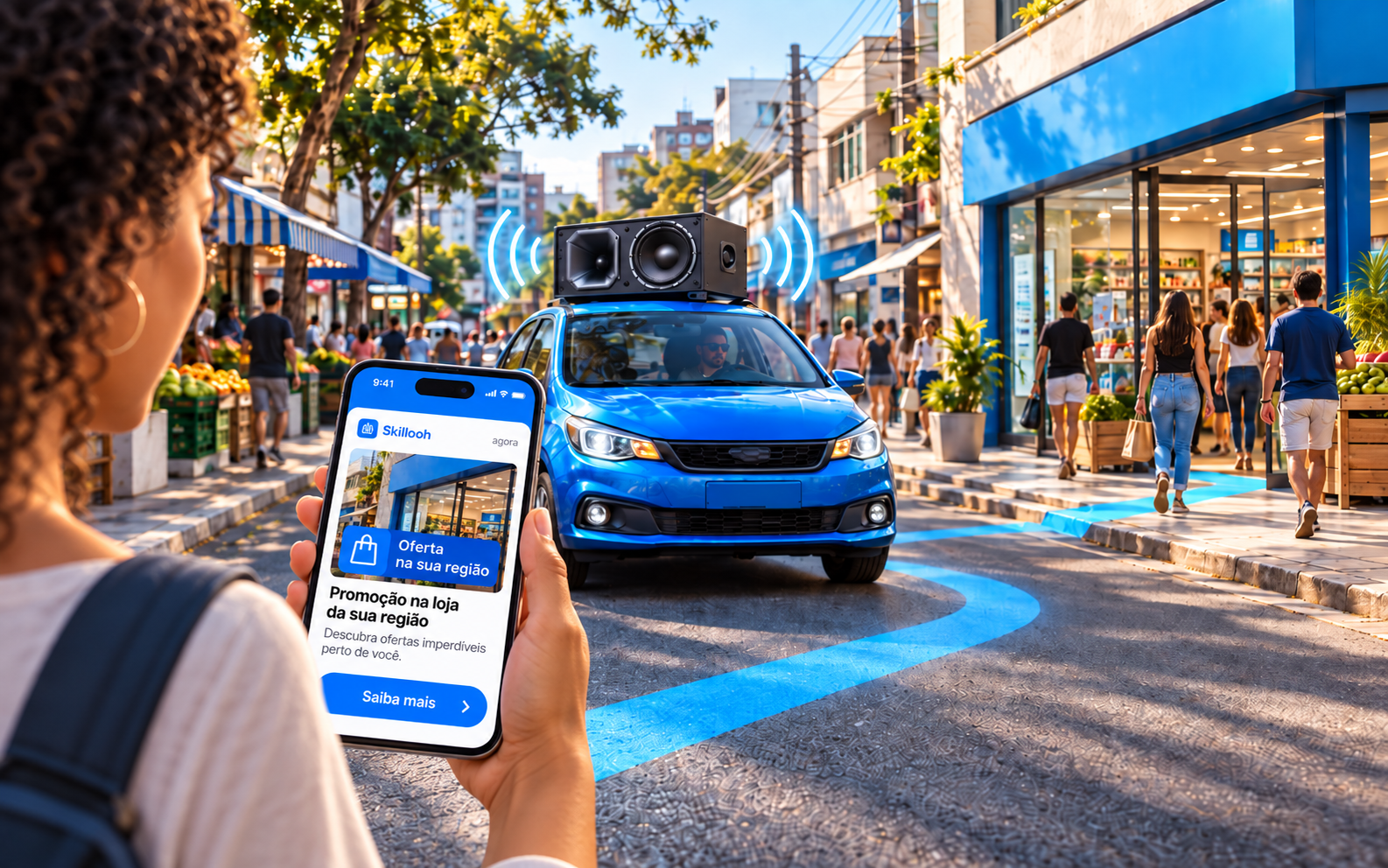 Carro de som, celular e comércio conectados em uma rua brasileira